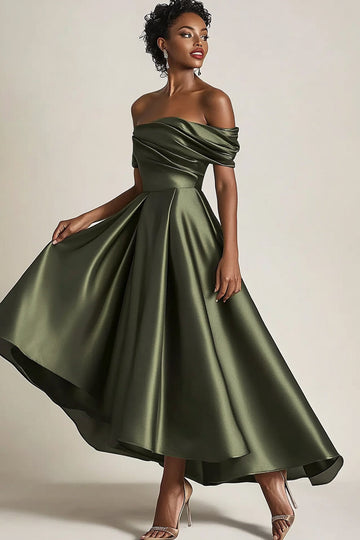 ZAPAKA Women Olive Long Mother of the Bride Dress A-Line Off the Shoulder Ruched Satin Evening Dress